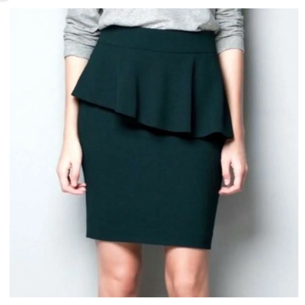 Zara Woman Peplum Pencil Skirt Dark Hunter Green Asymmetric Ruffles NWT XS